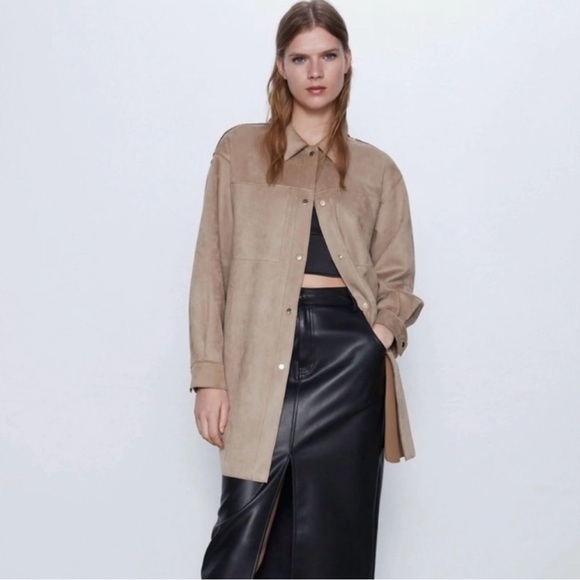 Zara Tan Beige Faux Suede Shacket Oversized Jacket - NWT - Size XS - Picture 2 of 4